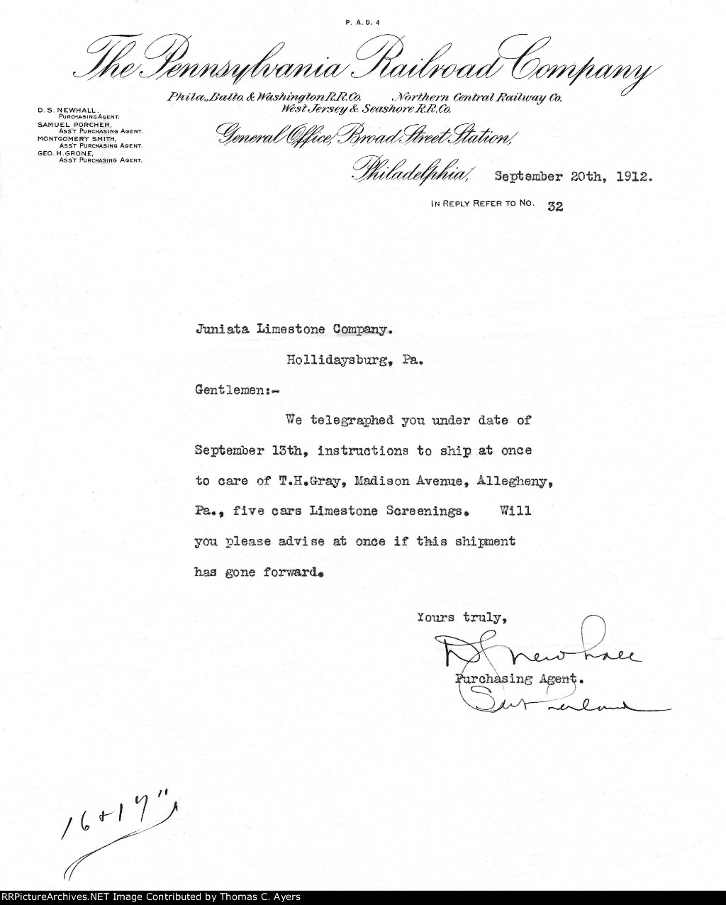 PRR Purchasing Agent Letter, 1912